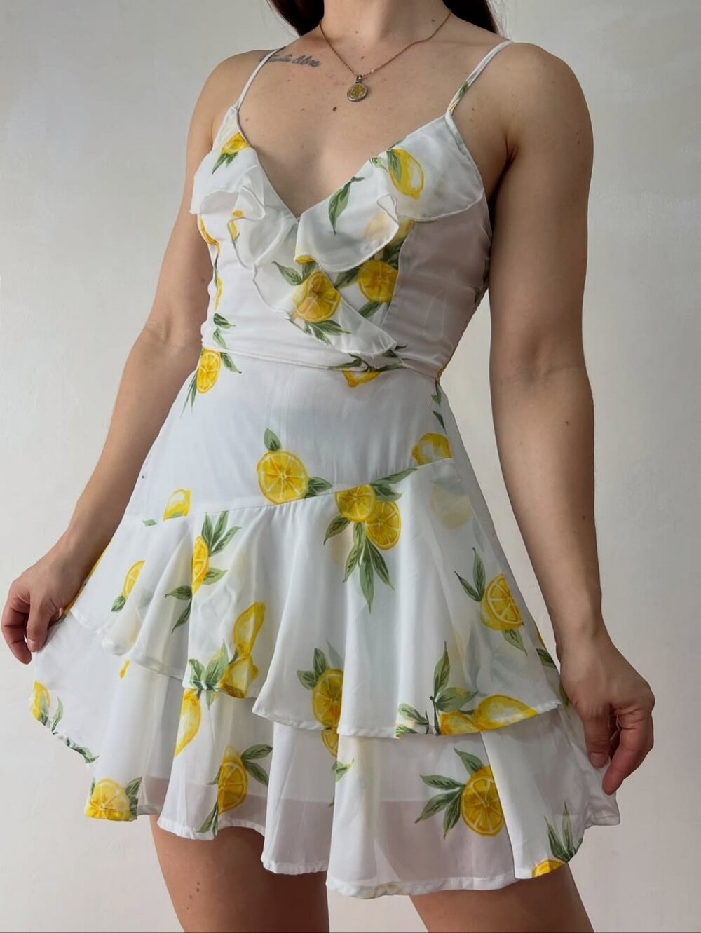 Japra White Lemon Print Ruffle Mini Dress